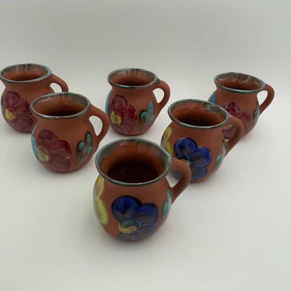 Set of 6 Mexican Clay Pottery Coffee Cup Chocolate Mug Hand Painted Flowers EUC - Picture 7 of 16